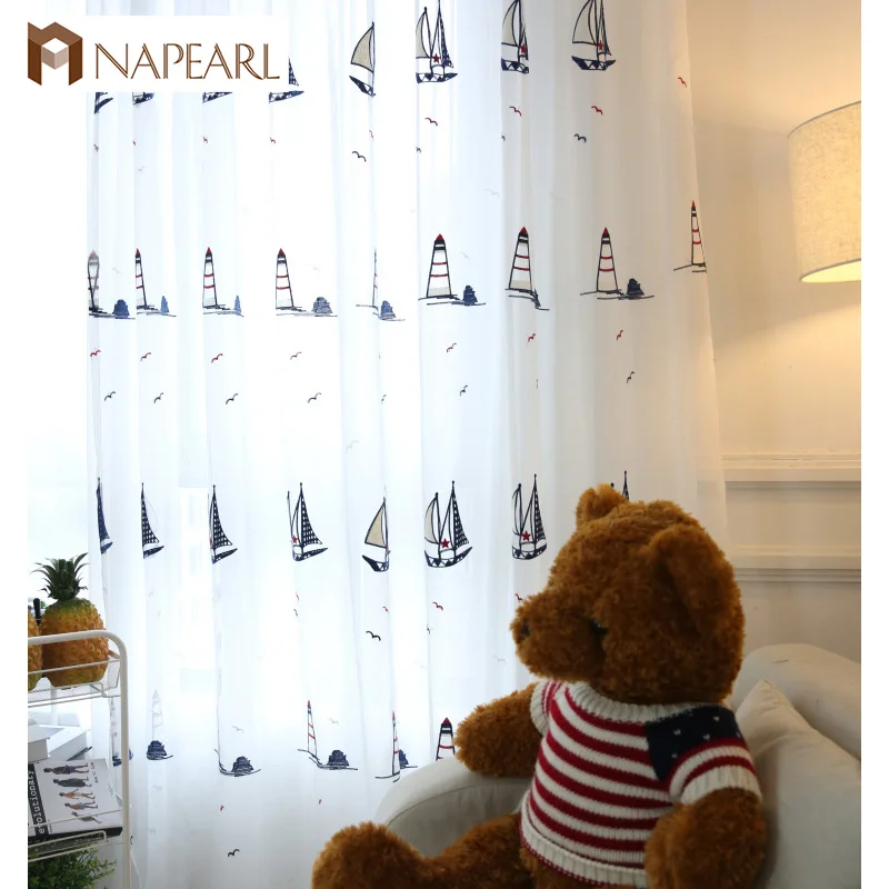 

NAPEARL 1 Piece Embroidered tulle curtains white sheer panel sail boat design kid bedroom children curtain cartoon modern window