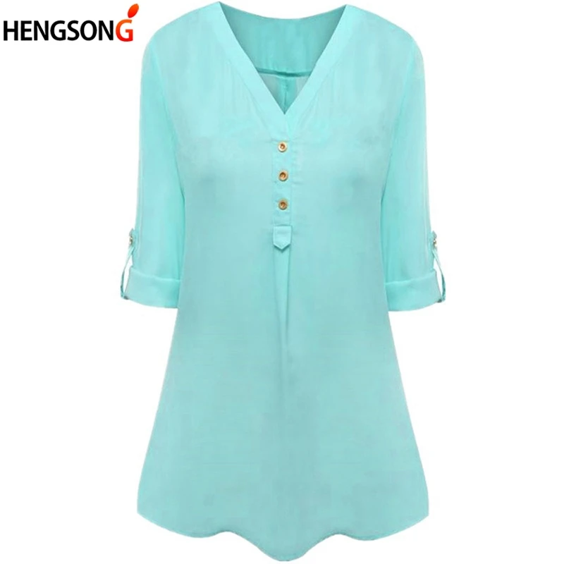 Hengsong 2018 Summer New Fashion V-Neck Solid Color Women's Top Adjustable Sleeve Loose Female Chiffon Shirts 724215 |