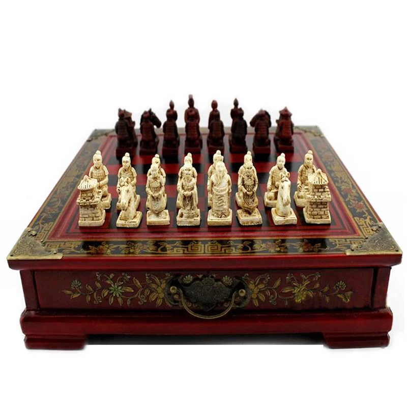 

26*26*6cm Chinese Terracotta Warriors Collectibles Vintage Chess Set Reisn 32 Chess Pieces With Flower Bird Wooden Chessboard