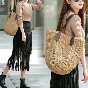 

BEAU-Women'S Handmade Straw Braided Bag Woven Bag Natural Fashionable Outdoor Handbag Beach Bags