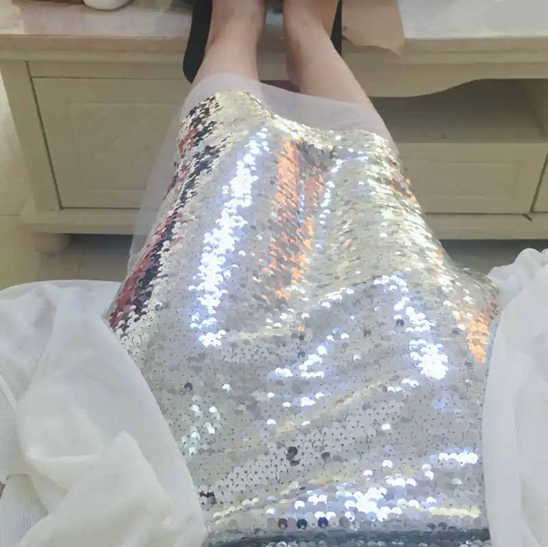 Bling Sequins Mesh Spliced Skirt Women High Waist Casual A Line Skirt Feminino Sparkling Package Hip Skirts LT125S50