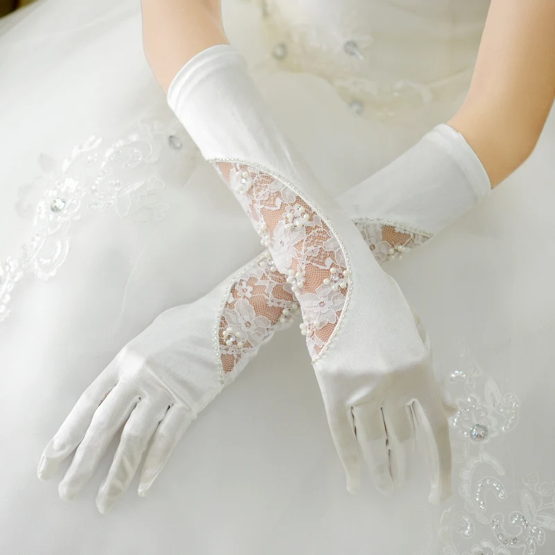Married gloves the bride accessories wedding dress formal dress gloves beige lace gloves long