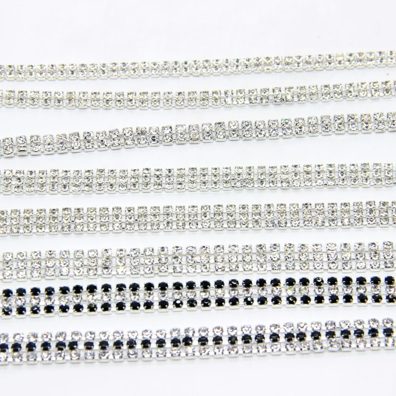 

SS6 SS8 SS12 2 Row OR 3 Row Crystal Rhinestone Trim Clear Close Chain Silver Cake Ribbon 1 Yard