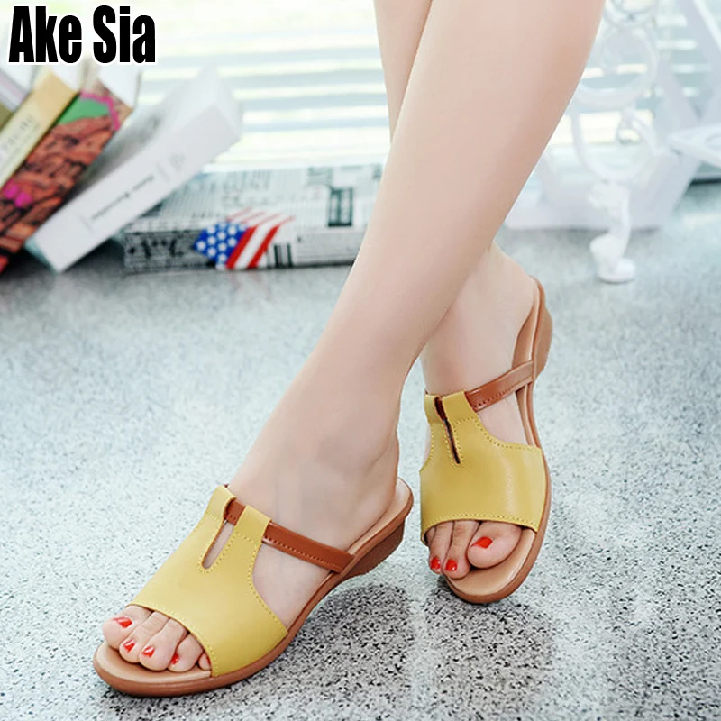 

Ake Sia Outwear Fashion Women Feminine Ladie Peep Toe Casual Babouche Low Wedge Beach Sandals Slides Slippers Leisure Shoes A326