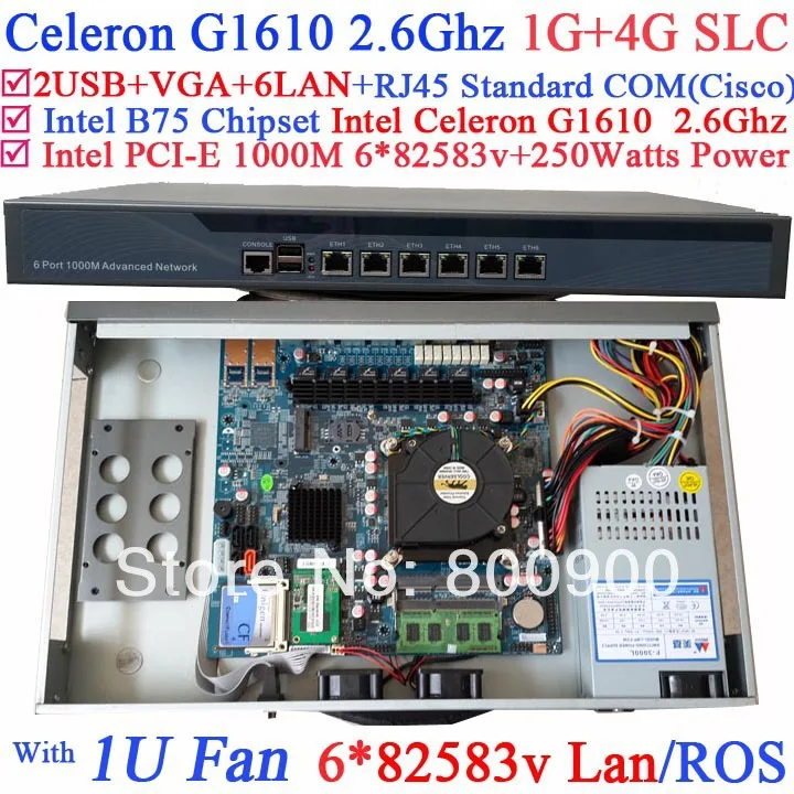 

rack mount pc 1U network server with Intel B75 Intel Celeron G1610 2.6G CPU 6*1000M 82583v Lan Wayos ROS support 1G RAM 4G SLC