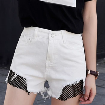 

Summer Denim Shorts Female High Waist Fishnet Stitching Shorts Harajuku Mesh Edges Wide Leg Shorts