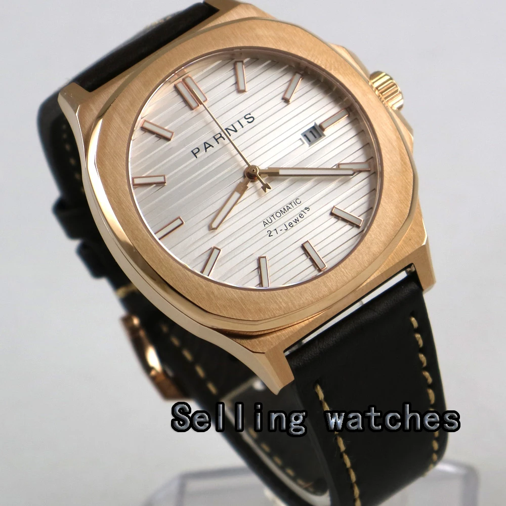 

44MM parnis white dial date widnow luminous rose golden case miyota 821A automatic movement mens watch