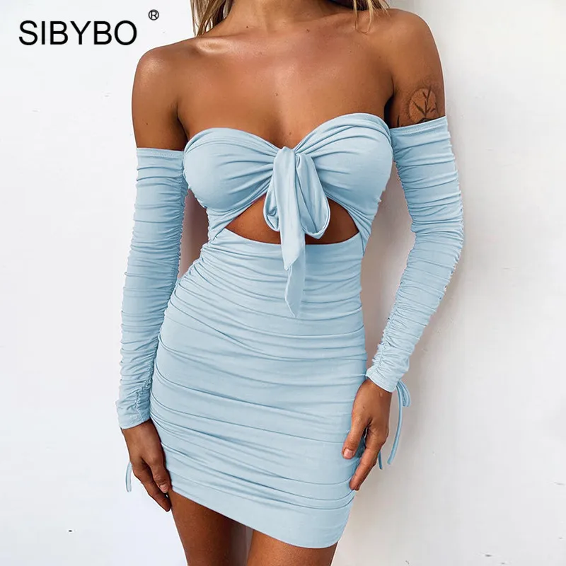 

SIBYBO Strapless Pleated Sexy Dress Women Off Shoulder Long Sleeve Mini Autumn Dress Solid Knotted Backless Club Party Dress