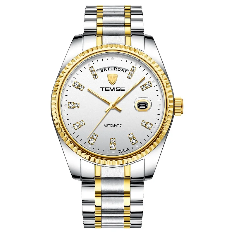 TEVISE Watch Men T833A Men Automatic Watch Rhinestone Scale Date Week Shockproof Waterproof Luminous Hands Mechanical Watch (1)