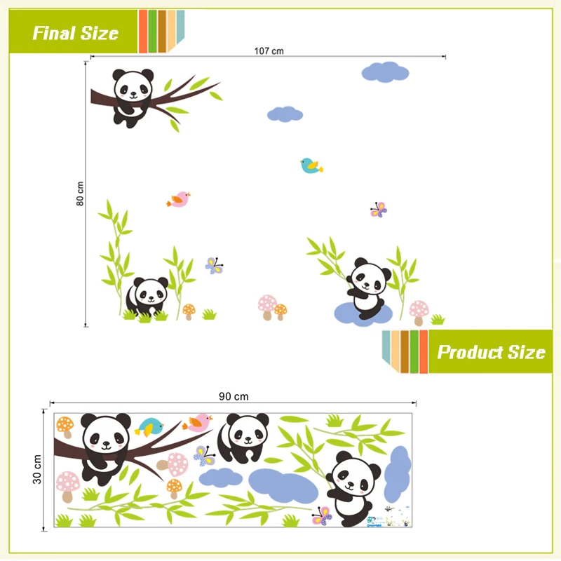 Cartoon Forest Pandas Bamboo Wall Stickers Birds Tree Kids Room Baby Nursery Room Decor Bedroom Mural Art Pvc Decal 30*90cm*2