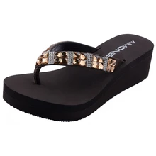 AIMONE Womens Mid Heel Rhinestone Brown Womens Flip Flop 2018 Thongs Beach Sandals Shoes Casual Sandals Female Ladies Shoes okabashi womens maui thong flip flop sandals