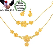 OMHXFC Европейский модный женский свадебный подарок винтажный цветок 24KT золотое ожерелье+ браслет+ серьги-гвоздики комплект ювелирных изделий ET04