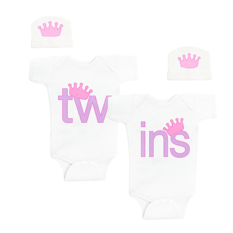

Culbutomind Unisex Baby Twins Funny Body Suits Newborn Infant Kids Cotton Rompers Pink Twins Print Baby Jumpsuit with Custom Cap