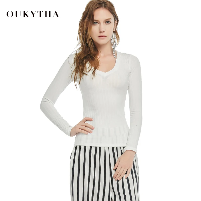 Oukytha осень 2017 г. одежда с длинным рукавом Slim Fit Bodycon v образным вырезом топ Пуговицы