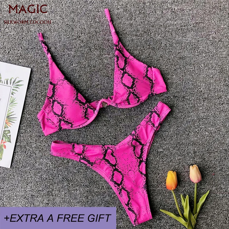 Комплект бикини со змеиным принтом, женский купальник с высокой талией на косточках, сексуальный летний бразильский купальник, купальный костюм - Цвет: Pink