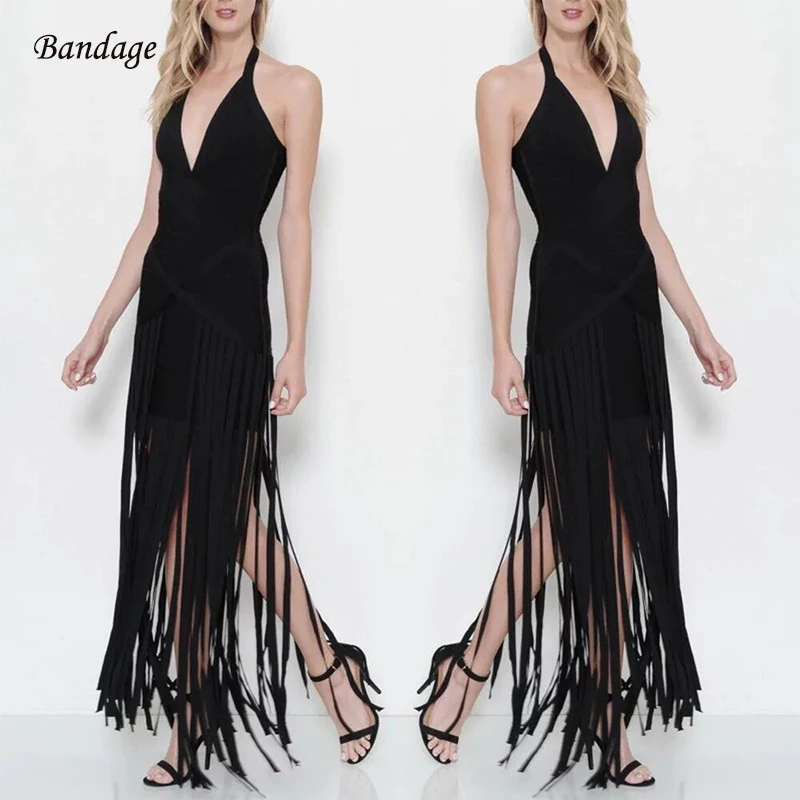 

2018 Black Long Fringe Dress Fashion Celebrity Party Runway Sexy Halter V Neck Backless Bodycon Bandage Dresses Tassel Vestidos