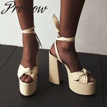 

Prowow Genuine Leather Open Toe Gladiator Lace Up Summer Sandals Sexy Platform Thick Heel HIgh Heel Sandals Shoes Women Branded