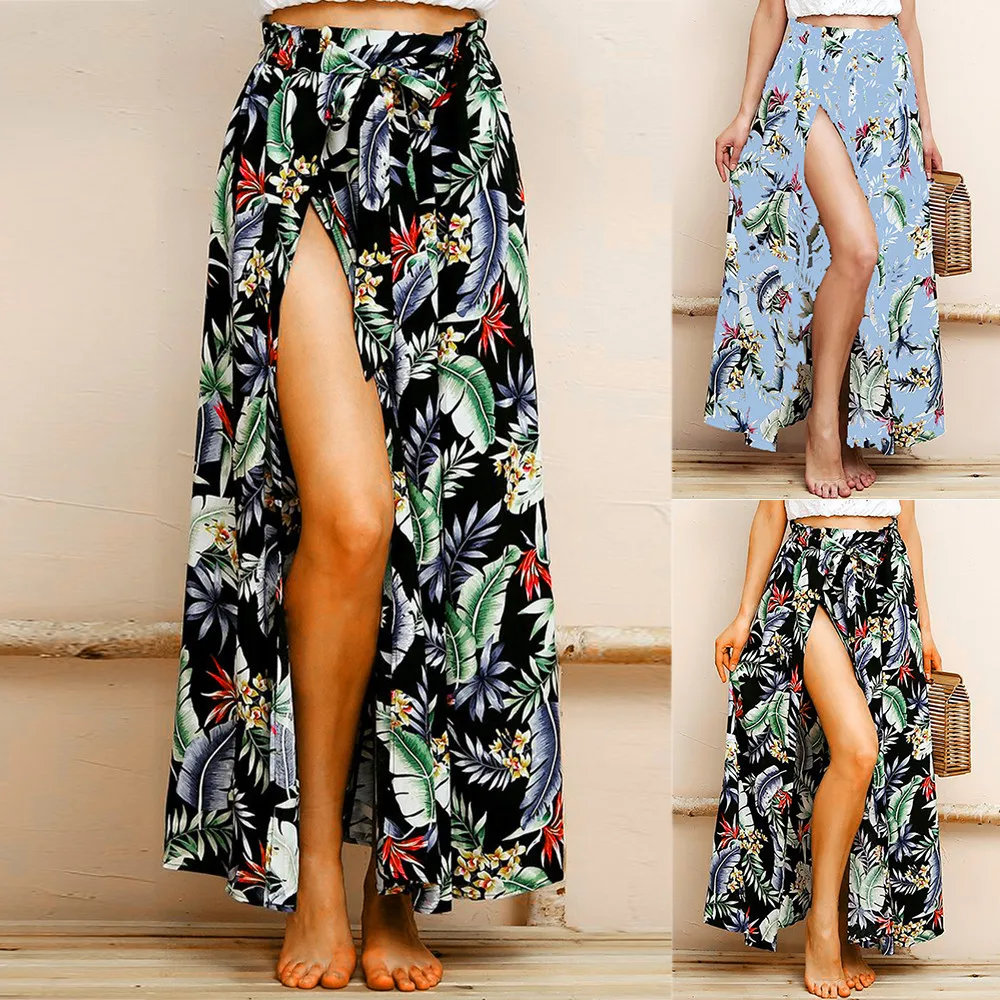 Для женщин юбка макси в стиле бохо мягкая и удобная обувь пляжные лиственным принтом летнего отдыха Высокая талия длинная юбка L50/0124