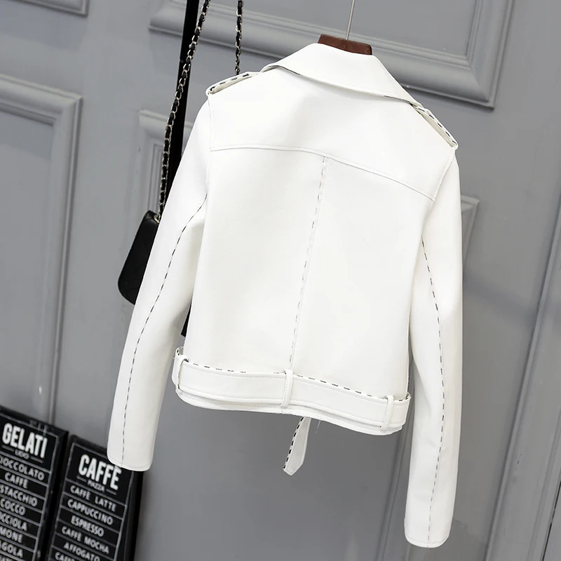 Fitaylor New Autumn Faux Suede Womens Motorcycle Jacket Faux Leather Jacket Women Biker Jacket Slim White PU Coat