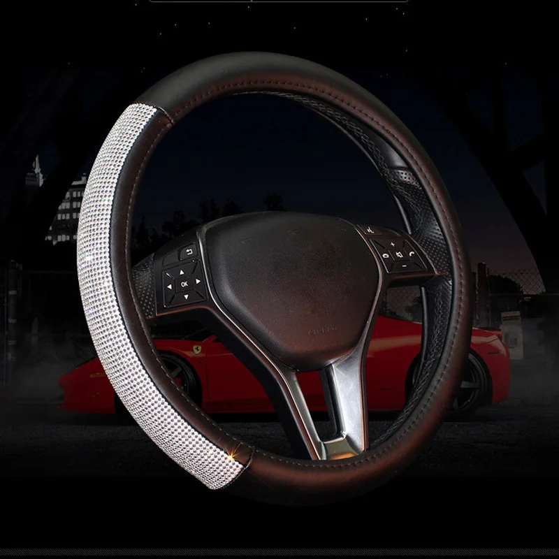 

Leather Steering Wheel Cover Ladycrystal Rhinestones Girls Car Steering-wheel Covers for Women Diamond Auto Interior Accessories