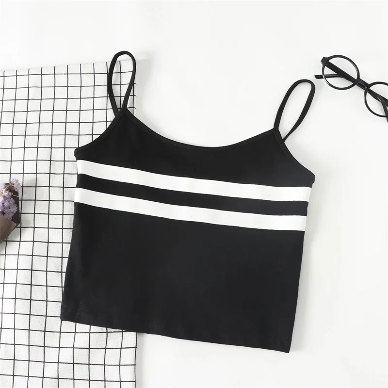 black Для женщин два полосатый Crop Cami Top Повседневное Растениеводство майки - Цвет: black