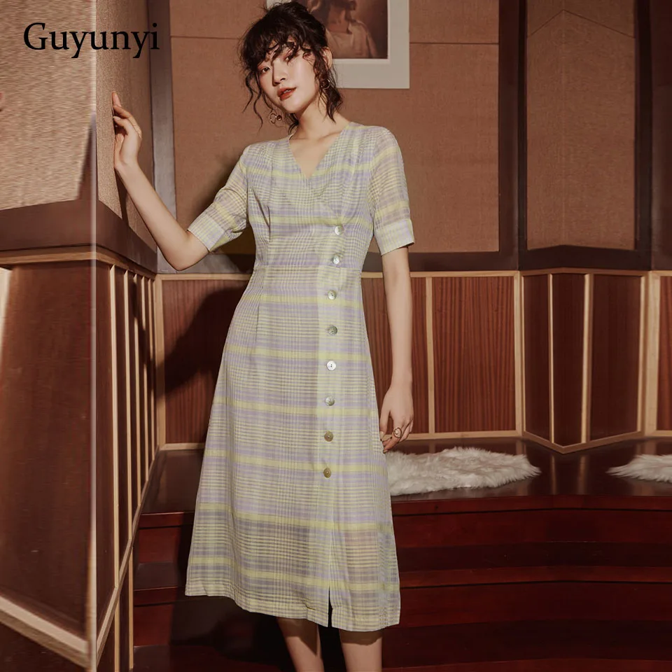

Leisurely Vacation Streetwear Dress 2019 Summer Short Sleeve V-Neck Single-breasted Asymmetrical Chiffon Plaid Dress Women