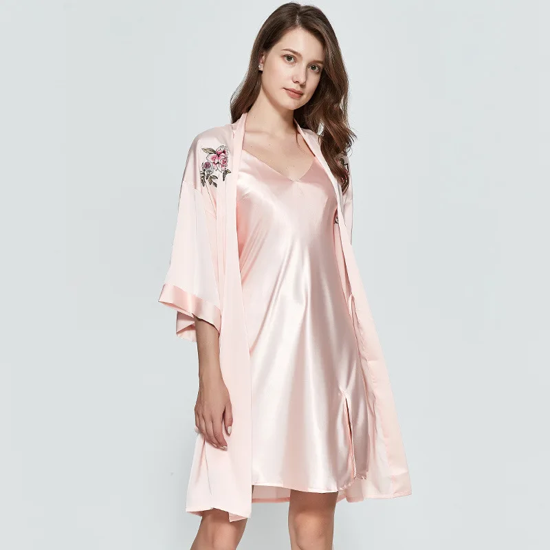 Sexy 2pcs Kimono Bath Robe Set Embroidery Flower Sleepwear Bride Bridesmaid Wedding Dress Gown Novelty Chinese Satin Nightwear