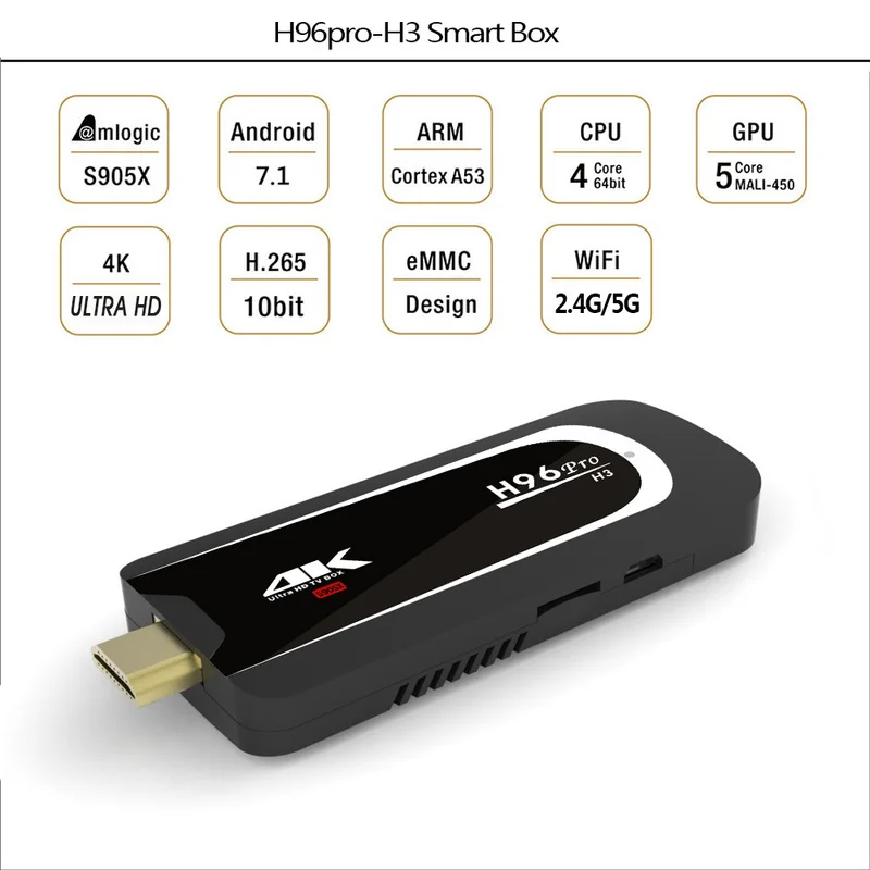 H96 Pro 4 K ТВ палка ОС Android 7,1 Amlogic S905X 4 ядра 2G/16G Мини-ПК 2,4G 5G, Wi-Fi, BT4.0 1080 P HD Miracast tv ключ H96Pro