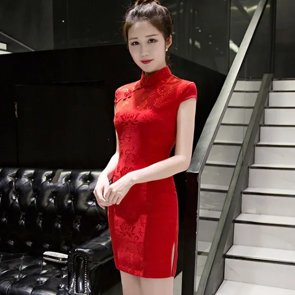 SHENG COCO новые атласные женские традиционные китайские платья Cheongsam Vestido с принтом стоячий воротник с коротким рукавом шелкового размера плюс 4XL - Цвет: Red Printing