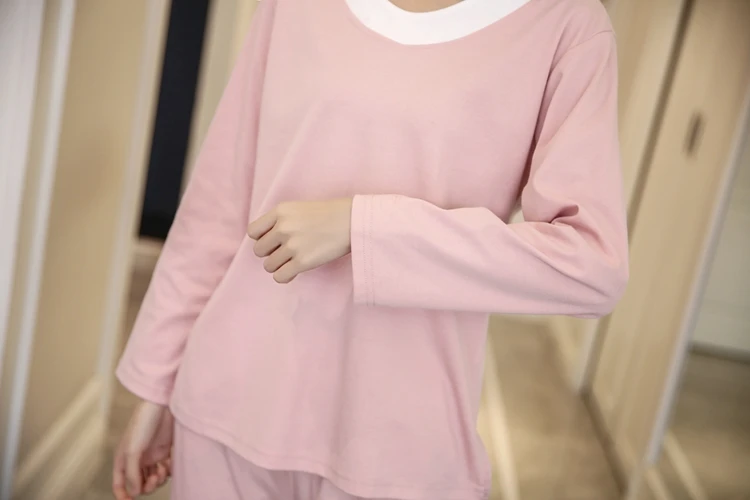 100% хлопок сплошной Пижамный комплект для Для женщин 2018 осень-зима с длинными рукавами и круглым вырезом Пижама женский Loungewear Домашняя