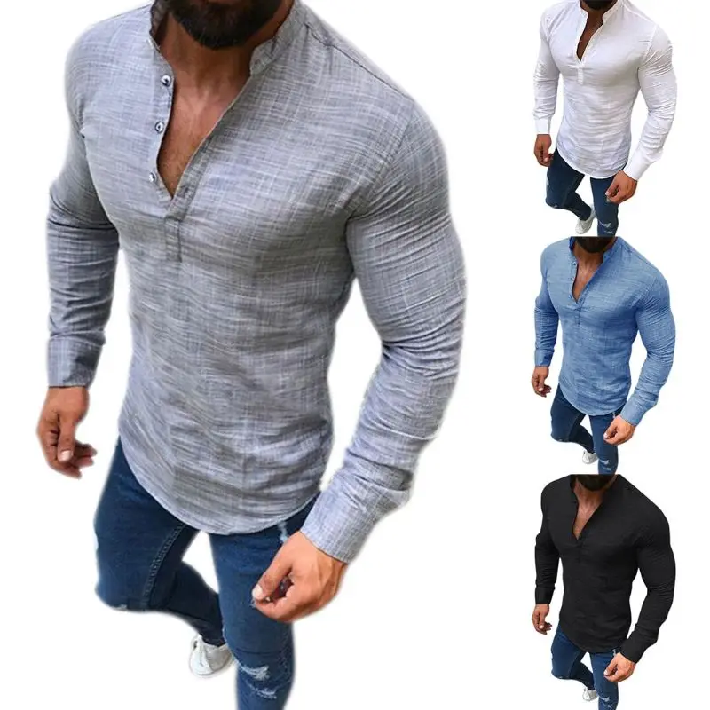 Мужские льняные топы с длинными рукавами v-образным вырезом на пуговицах рубашки Бизнес одноцветное Цвет блузка
