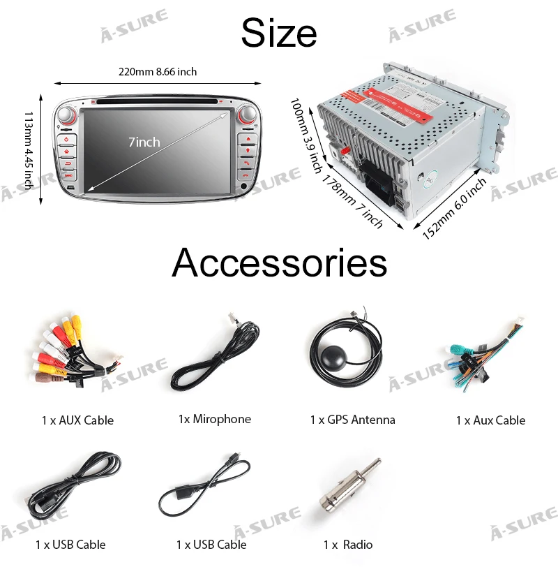 Best A-Sure 7" Car Auto Radio GPS Player DVD Navigation For Ford Mondeo Focus Galaxy S-Max C-Max Kuga Rear USB Port & Dual DAB+ 24