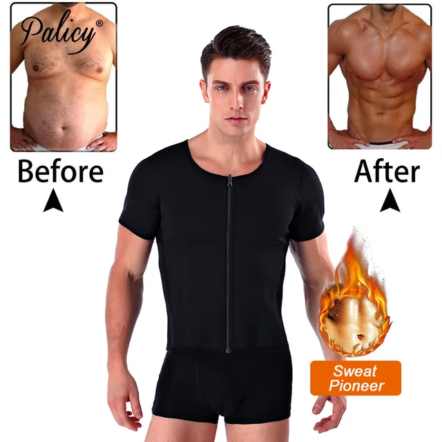 Palicy Men’s Body Shapers S-3XL Neoprene Tshirt Tank Top Utral Sweat Sauna Shirt Waist Trainer Bodysuit with Zipper Sleeves