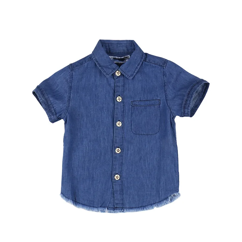

Kids denim shirt Summer New Cotton Blue Short sleeve lapels shirt Baby boy cartoon top. Children's clothes