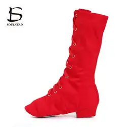 Женские Балетные танцевальные туфли на низком каблуке с высоким берцем, красные парусиновые танцевальные туфли для мальчиков и девочек