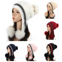 Для женщин зимние толстые теплые вязаные наушники Hat Pom громоздкая Лыжная Шапочка Кепки HATLN0005