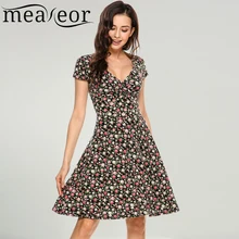 Meaneor Women V-Neck Cap Sleeve Floral Print Flowers Fit and Flare Casual Dress 2018 Summer New High Waist Ladies Party Dresses