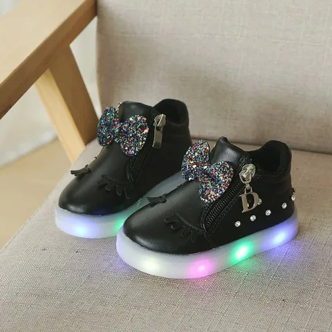 Г., повседневная спортивная обувь для детей от 1 до 5 лет, светодиодный бант для маленьких девочек, обувь принцессы светящаяся модная мягкая обувь для малышей - Цвет: Черный
