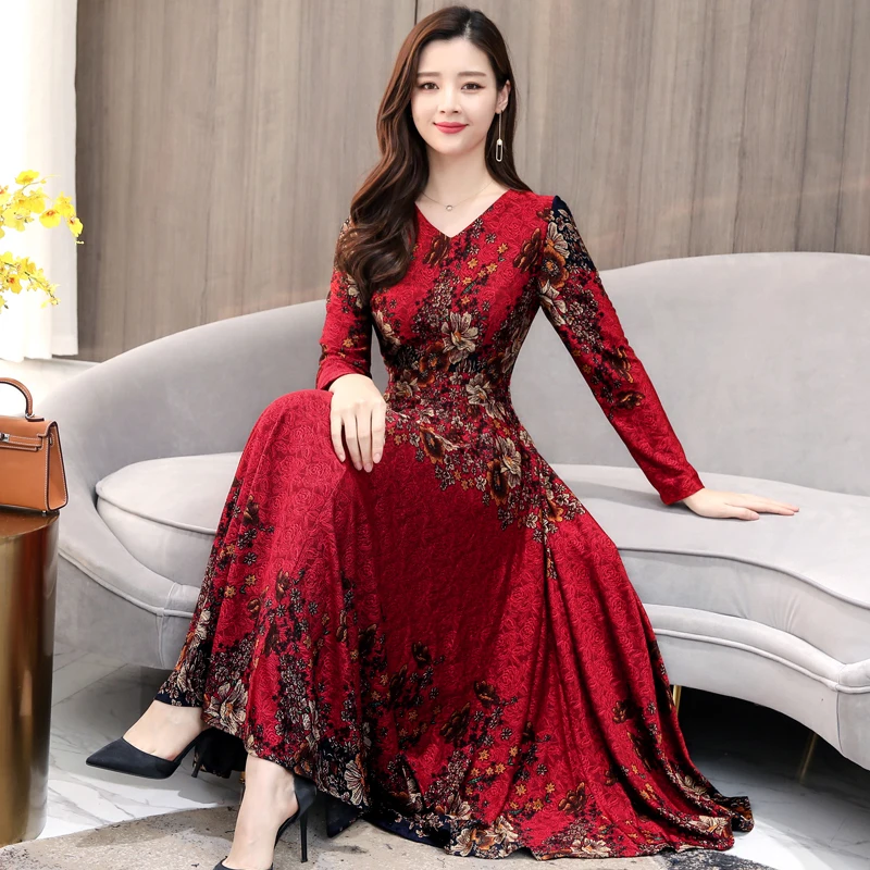 

Autumn Dresses Women Floral Print Party Dress Elegant Slim V-neck Long Sleeve Dress Vintage Vestidos