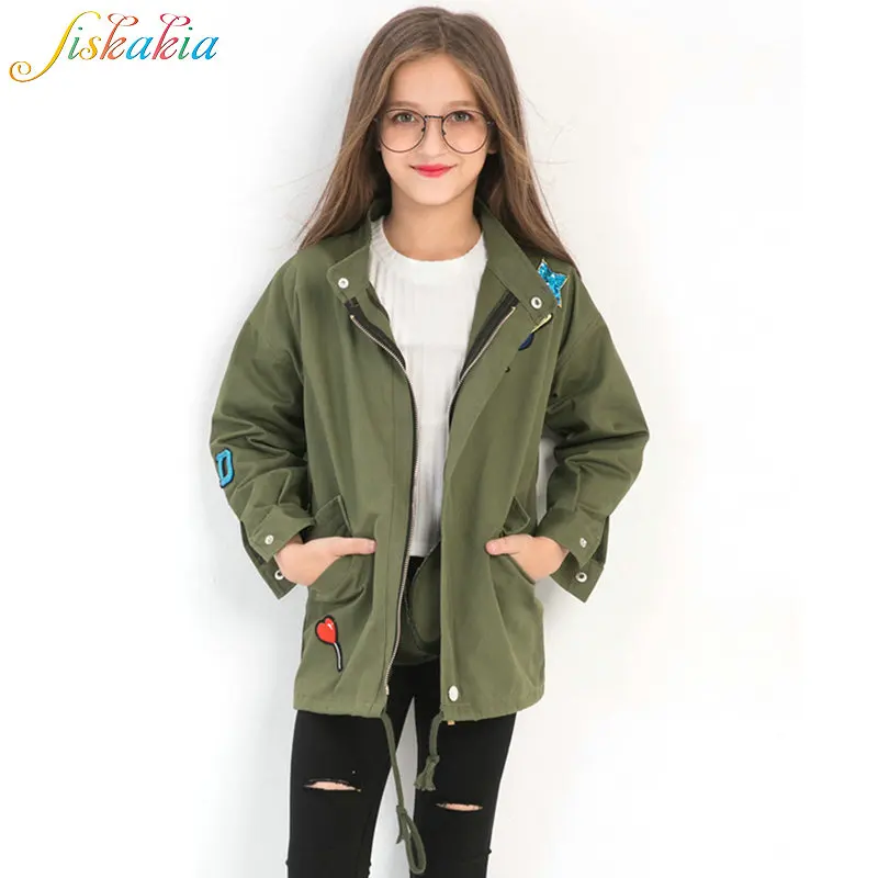 

Siskakia Big Girls Cartoon Embroidery Coat Army Green Stand Collar Covered Button Zipper Colored Sequins Patch Tretch Coats 2019