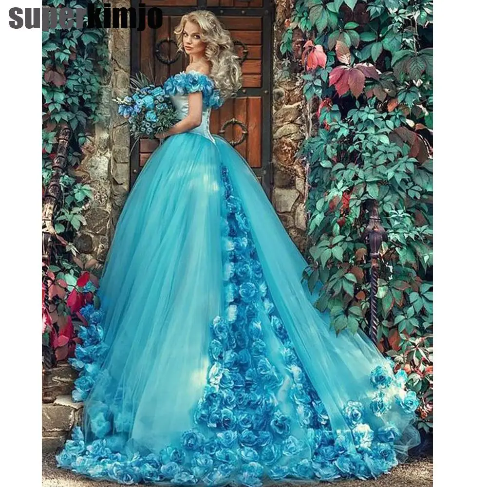 Blue Prom Dresses Hand Made 3d Flowers Ball Gown Tulle Floor Length