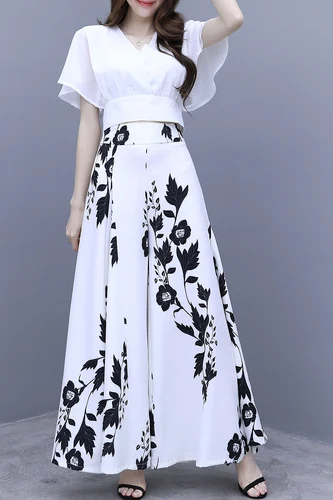 Женские комплекты одежды корейский свободный v-образный вырез широкие брюки цветной шифоновый Женский комплект из 2 предметов Кюлоты женские костюмы цветок