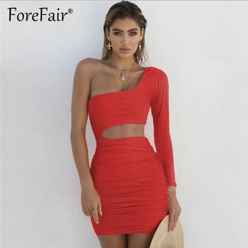 Forefair Long Sleeve One Shoulder Bodycon Dress Nightclub Autumn Winter Women Slim Backless Mini Sexy Party Dress