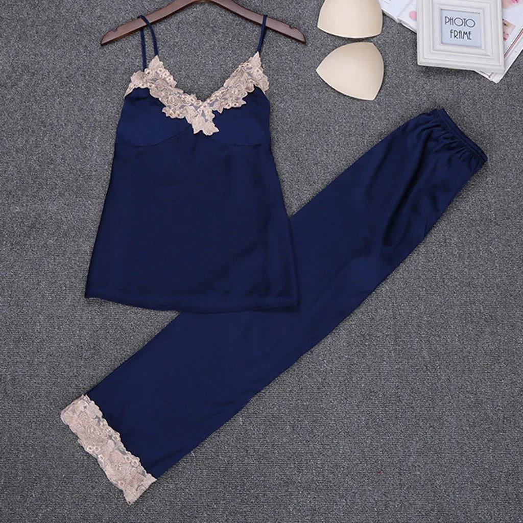 

Women Sexy Satin Fashion Lace Pajamas Sleepwear Sling Long Pants Nightwear Set #7