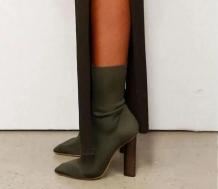 

Sexy Stretch Knit Ankle Boots Kim Kardashian Style Block Heels Short Boots Pointed Toe 11CM High Heels Women Boots