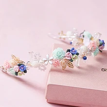 Women Baroque Style Gold Laurel Leaf Ceramic Flower Crystal Wedding Headband Bridal Tiara Crown Pearl Headdress Hair Accessories