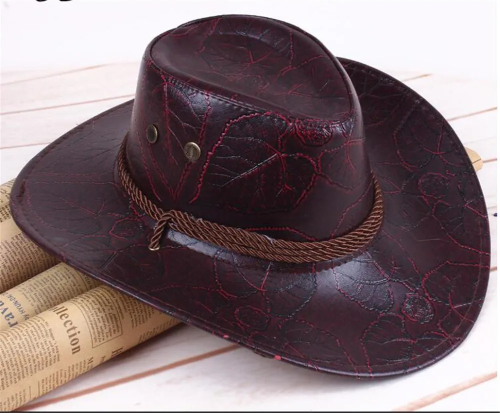 Унисекс ковбойские шляпы, Необычные западные шапки из искусственной кожи для верховой езды, широкая шляпа с козырьком для папы, джентльмена, леди, сомбреро, Hombre, джазовая Кепка s M02281