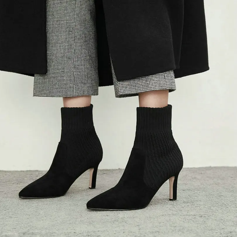 

EshtonShero Shoes Women Ankle Sock Boots Woman Knitting Pointed Toe Platform Thin High Heels Ladies Wedding Boot Size 34-42