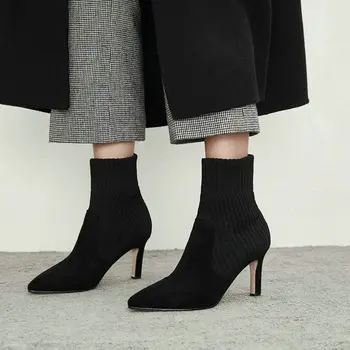 

EshtonShero Shoes Women Ankle Sock Boots Woman Knitting Pointed Toe Platform Thin High Heels Ladies Wedding Boot Size 34-42