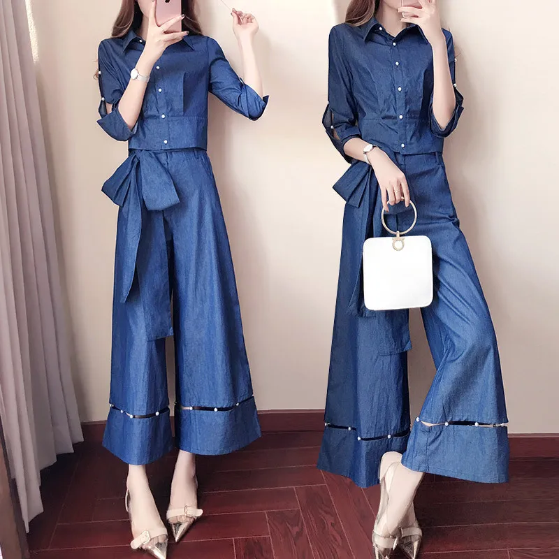 Spring summer casual denim pants suit women's lapel pearl buckle shirt+wide leg pants two piece